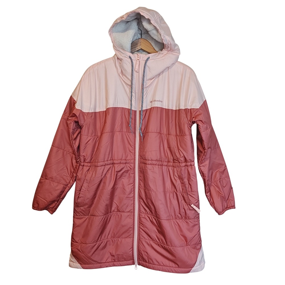 Columbia Sherpa Lined Flash Challenger Jacket Women L Coral Pink Hooded Longline
